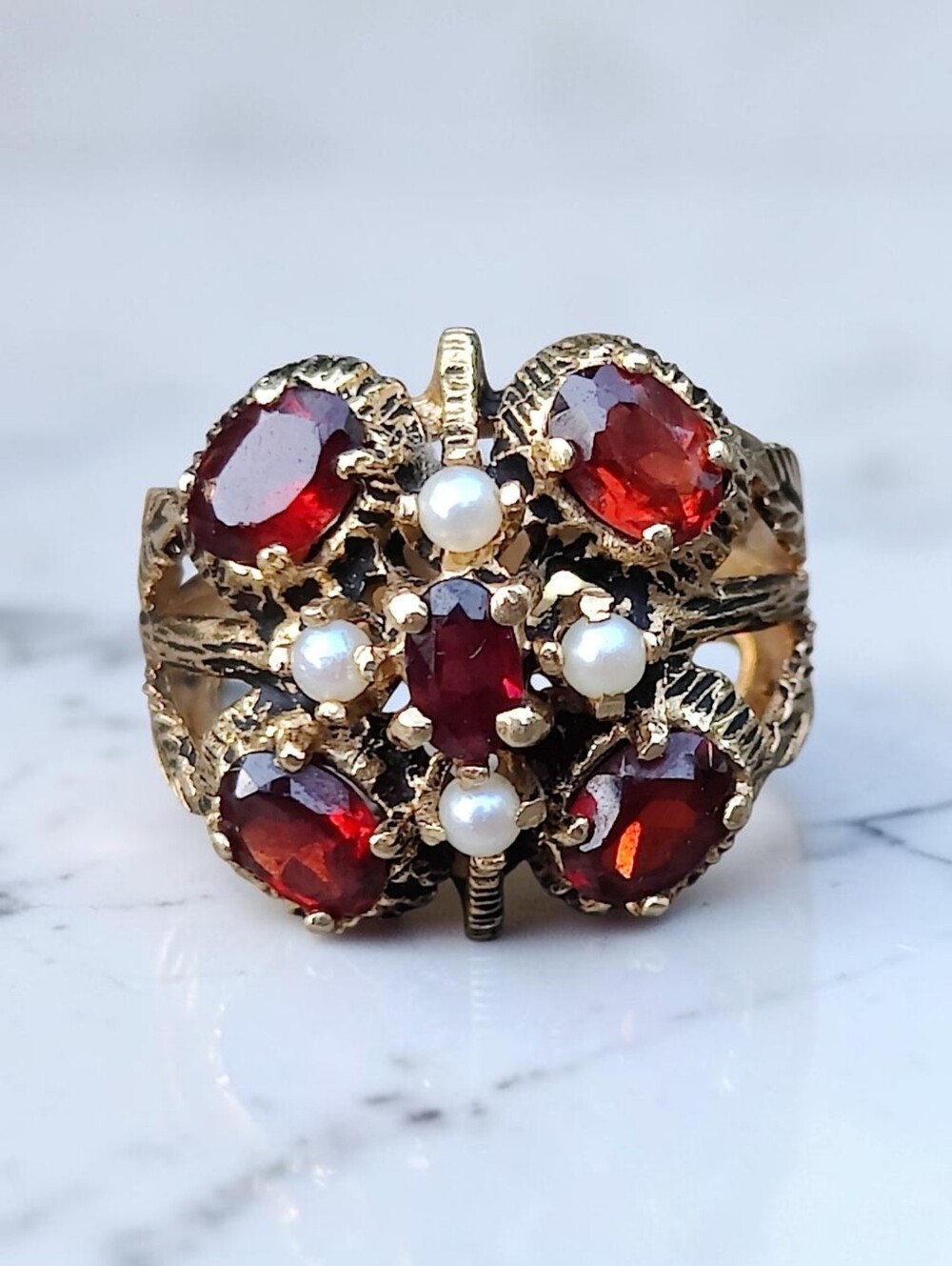 Antique 14 Karat Gold Garnet And Pearl Ring - Picture 2 of 9